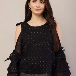Raabta Fashion Polka Dot Print Cold-Shoulder Georgette Top-picture-31