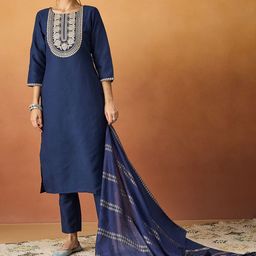 KALINI Ethnic Motifs Embroidered Straight Kurta With Trousers & Dupatta-45