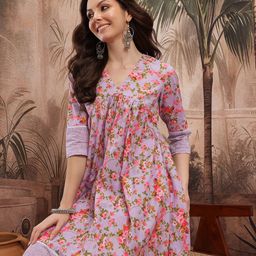 Sangria Floral Print Empire Lace Insert Detail Pure Cotton A-Line Kurta with Trousers-picture-50