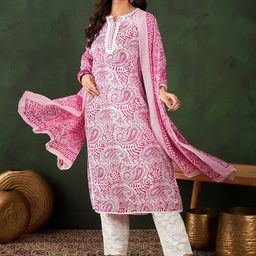 Vastramyaa Women Paisley Printed Thread Work Pure Cotton Kurta Trousers With Dupatta-image-47