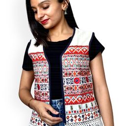 Prijam Women Collarless Self Design Ethnic Open Front Jacket-58
