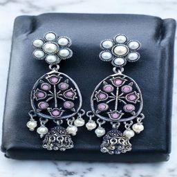 LAXMIT Silver Floral with pearl Drop Earrings-image-60