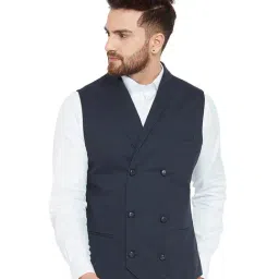 Hypernation Navy Printed Slim Fit Sleeveless Waistcoat-image-63