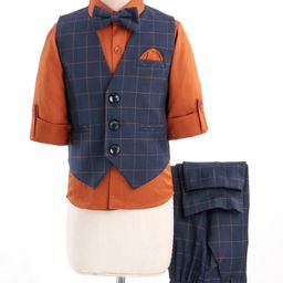 Robo Fry Full Sleeves Party Suits Check Design With Bow - Blue-image-73