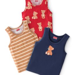 Babyhug 100% Cotton Single Jersey Knit Sando Stripes & Teddy Print Pack of 3 - Brown Navy Blue & Orange-image-71