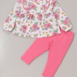 Babyhug 100% Cotton Knit Full Sleeves Top & Legging Set Floral Print - White & Pink-picture-10