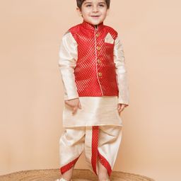 AJ Dezines Raw Silk Full Sleeves Solid Kurta With Ethnic Motif Foil Self Design Jacket & Coordinating Dhoti - Red-image-91