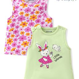 Babyoye 100% Cotton With Eco Jiva Finish Sleeveless Tops Floral & Bunny Print - Pista & White-image-64