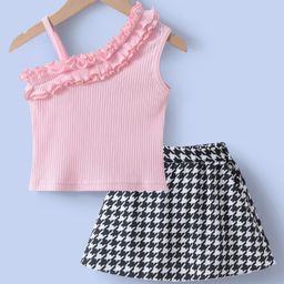 Kookie Kids Sleeveless Top & Skirt With Checkered - Pink White & Black-picture-25