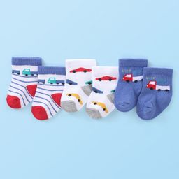 Cute Walk by Babyhug Anti-Bacterial Ankle Length Striped & Car Designed Sock Pack of 3 - White & Blue-image-38