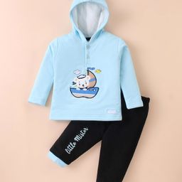 Little Darlings Quilted Cotton Full Sleeves Hooded Winter Night Suit With Cute Teddy Sailor Embroidery - Ocean Blue-image-83
