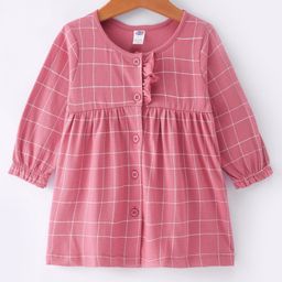 Zero Sinker Full Sleeves Checked Frock with Frill Detailing - Coral-picture-1