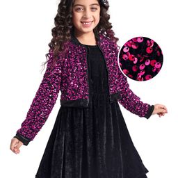 Hola Bonita Knit  Solid Colour Velvet Party Frock with Full Sleeves Sequined Jacket - Dark Pink-picture-27