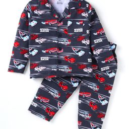Smarty Boys 100% Cotton Knit Full Sleeves Front Open Car Printed Night Suit - Charcoal Grey-image-73