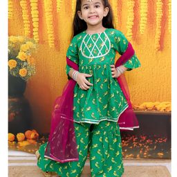 BownBee Pure Cotton Three Fourth Sleeves Bird Printed Kurta With Coordinating Sharara & Solid Dupatta - Green-image-51