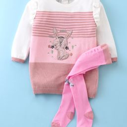 ToffyHouse Cotton Knitted Full Sleeves Winter WearStriped Woollen Dress with Stockings Striped & Bunny Patch - Pink & White-image-11