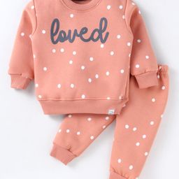 Teddy Fleece Knit Full Sleeves Winter Wear Sweatshirt & Lounge Pant Set with Text & Polka Dots Print - Light Peach-12