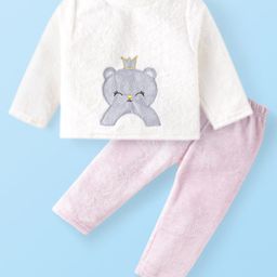 Babyhug Velour Knit Full Sleeves Winter Fur Night Suit With Cat Embroidery - White & Pink-image-92