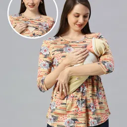 True Shape Three Fourth Sleeves Floral Printed Maternity Top With Two Layer Lift Nursing Access - Mustard-picture-0