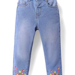 Babyhug Denim Full Length Washed Stretch Jeans With Floral Embroidery - Blue-image-58