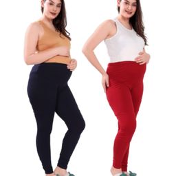 TUMMY Pack of 2 Viscose Solid Leggings - Blue & Red-image-76