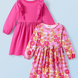 Honeyhap Premium Cotton Knit Bio Finish Full Sleeves Frock With Floral Print & Frill Detailing Pack of 2 - Prism Pink & Fandango Pink-image-21