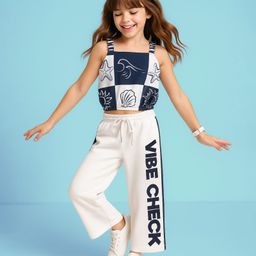 OLLINGTON ST. Cotton Sleeveless Sea Life Printed Top & Knit Culottes & Tape Detailing - Navy Blue & White-image-10