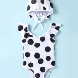KIDLINGSS Cap Sleeves Polka Dots Printed V Cut Swimsuit With Cap - White & Black-image-78