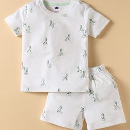 Simply Sinker Knit Half Sleeves Shorts Night Suit With Animal Print - White-image-93