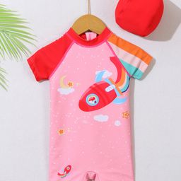 Babyhug Half Raglan Sleeves Legged Swimsuit With Rocket Print - Pink-31