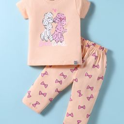 Teddy Sinker Knit Half Sleeves Night Suit With Dog & Bow Print - Light Orange-image-94