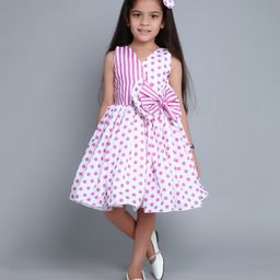 PinkChick Cotton Sleeveless Placement Striped & Polka Dots Printed Bow Applique Detailed Dress With Hair Clip - Purple-image-29