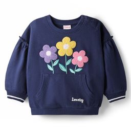 Babyhug Fleece Knit Drop Shoulder Full Sleeves Sweatshirt With Floral Embroidery & Kangaroo Pockets - Navy Blue-image-50