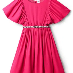 Hola Bonita Flutter Half Sleeves Solid Dress with Belt - Fuschsia-picture-43