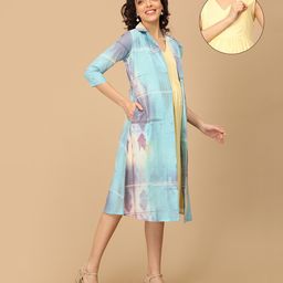 The Mom Store Cotton Knit Solid Maternity & Nursing Dress With Three Fourth Sleeves Tie Dye Shacket - Multi Colour-image-82