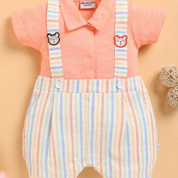 Wonderchild Half Sleeve Bear Face Patch Detailed & Striped Romper - Deep Peach-image-87
