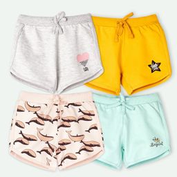 Ariel Cotton Knit Pack Of 4 Whales & Typography Printed Shorts - Grey Yellow Peach & Sky Blue-image-77