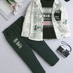 Fourfolds Cotton Blend Woven Full Sleeves Geometric & Abstract Printed Shirt & Pant With Tee Set - Dark Green-picture-36