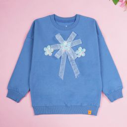 Kiddopanti Cotton Fleece Knit Full Sleeves Flower & Sequin Embellished Sweatshirt - Dust Blue-picture-15