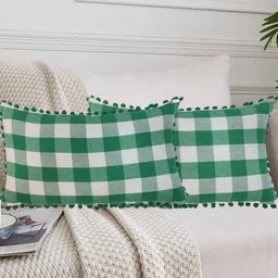 Lushomes Green & White Set of 2 Checked Rectangle Cushion Covers-2