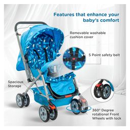 Mee Mee Little Explorer Baby Stroller/Pram for 0 to 3 Years, New Born/Kid, 5 Point Safety Harness, Adjustable backrest, 360 Swivel Wheel, Large Storage Basket, Reversible Handlebar Net (Modern, Blue) image 4