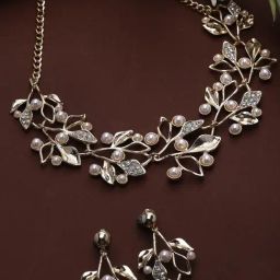 Zeneme Rose Gold Plated Cubic Zirconia Pearls Studded Leaf Shaped Necklace and Earrings Set-18