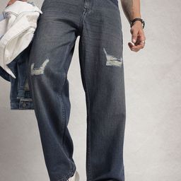 WROGN Men Loose Fit Low Distress Light Fade Pure Cotton Jeans-image-14