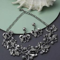 Zeneme Silver Plated Cubic Zirconia Pearls Studded Leaf Shaped Necklace and Earrings Set-3
