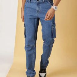 Thomas Scott Blue Relaxed Fit Lightly Washed Cargo Jeans-image-73