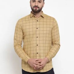 Jainish Beige Cotton Slim Fit Checks Shirt-image-64