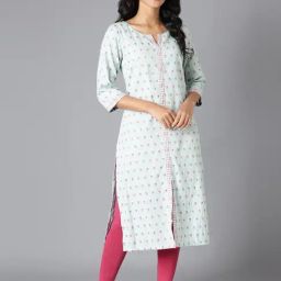 W Blue Geometric Print Straight Kurta-image-1