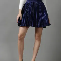 SHOWOFF Women's Solid Navy Blue Mini Flared Skirt-image-31