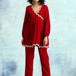 true Browns Red Embellished Velvet Co-Ord set-image-1