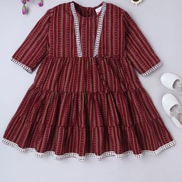 BAATCHEET Girls Cotton Geometric Printed Tiered Dress With Premium White Lace-image-48